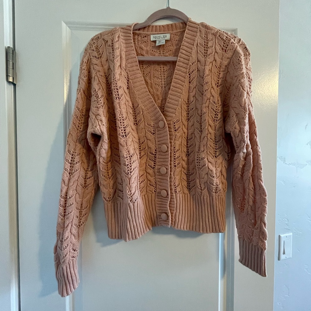Rachel Zoe light Coral Pink Cable Knit V-Neck Cardigan - Small